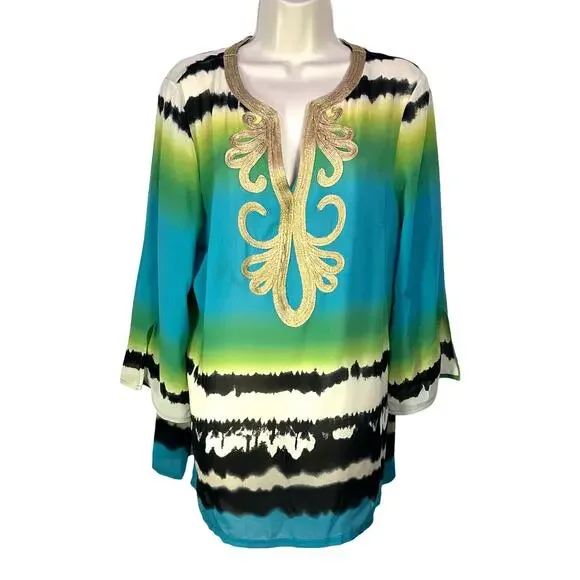 NWT Nicole Miller Large blouse cover up turqouise tie dye border sheer resort - Picture 1 of 8